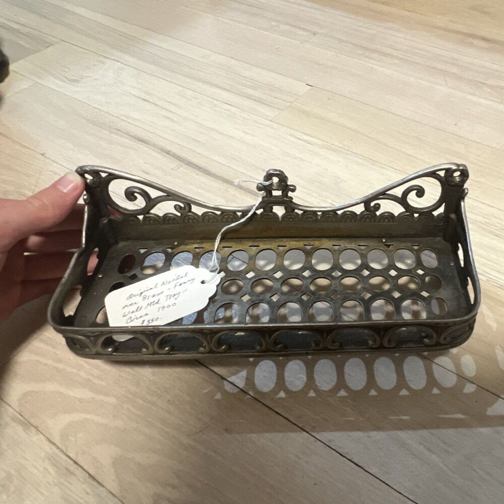 Antique Nickel over Brass Wall Held Tray Brass Color Circa 1900 Original